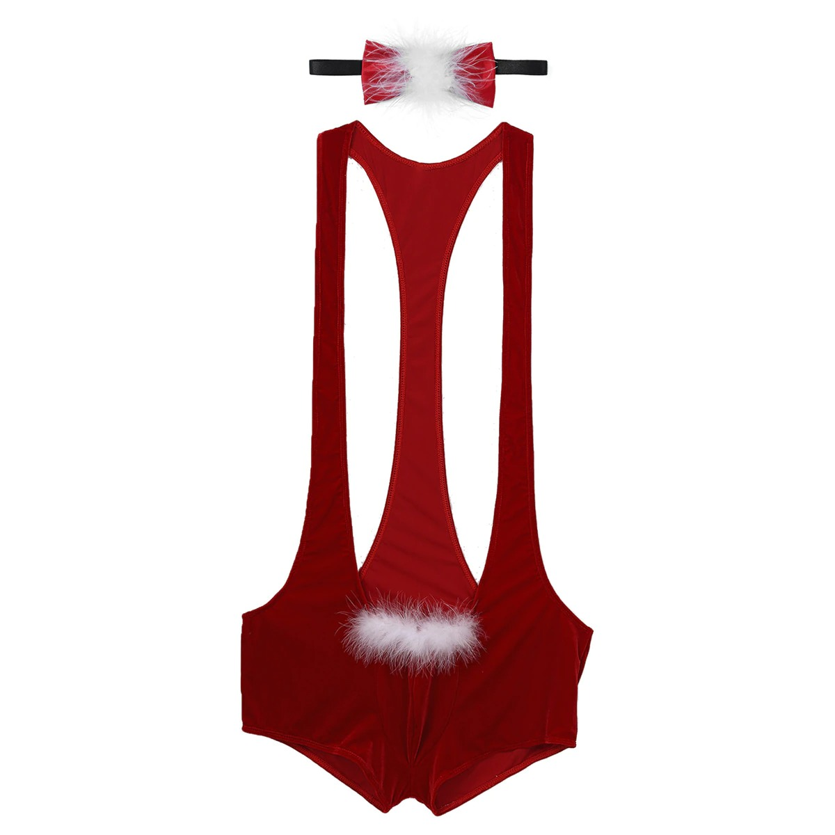 Men's Xmas Bodysuit with Bowtie / Racerback Red Leotard with Faux Feather / Sexy Clothing for Men - EVE's SECRETS