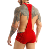 Men's Xmas Bodysuit with Bowtie / Racerback Red Leotard with Faux Feather / Sexy Clothing for Men - EVE's SECRETS