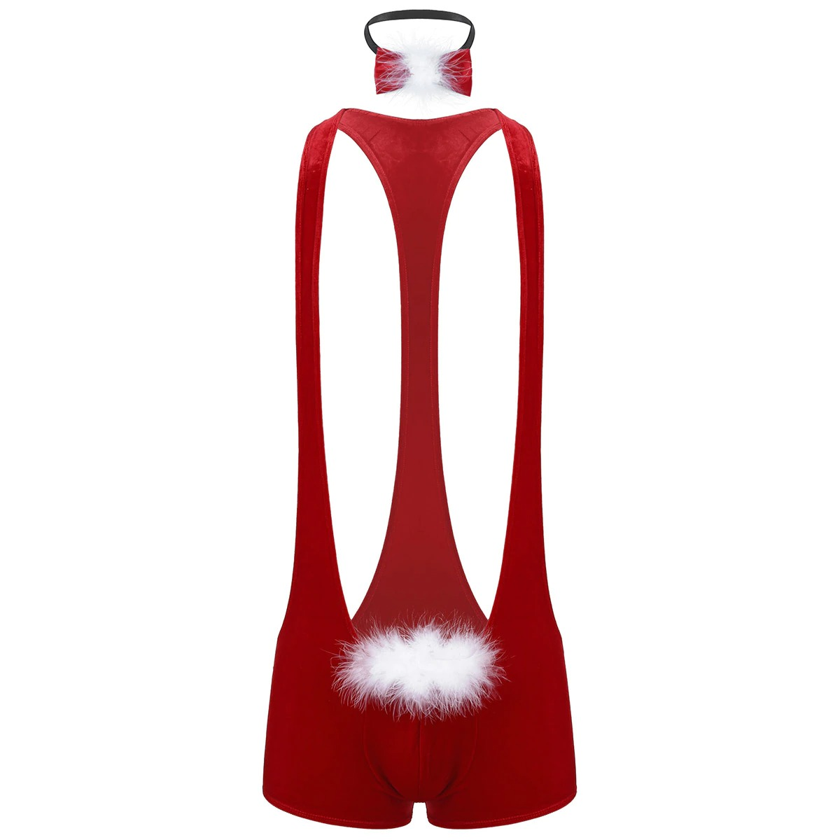 Men's Xmas Bodysuit with Bowtie / Racerback Red Leotard with Faux Feather / Sexy Clothing for Men - EVE's SECRETS