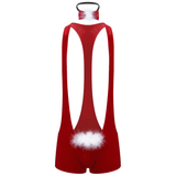 Men's Xmas Bodysuit with Bowtie / Racerback Red Leotard with Faux Feather / Sexy Clothing for Men - EVE's SECRETS