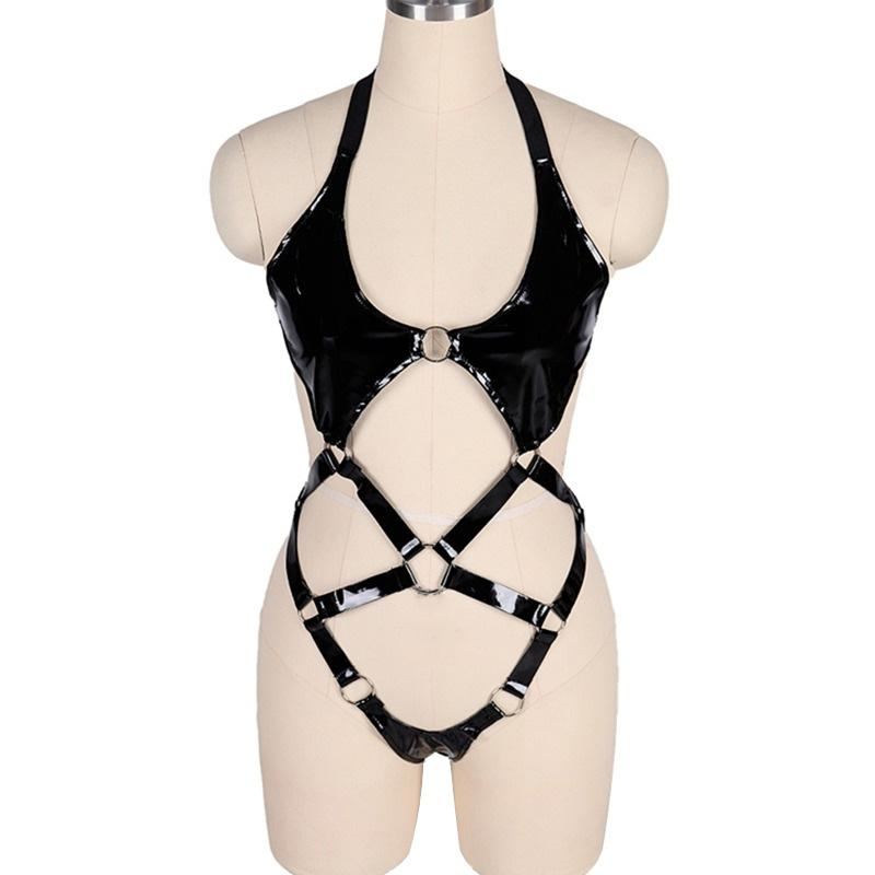 Open Butt Women Bodysuit / Wet Look Patent Leather Body Harness / Fetish Role Play Costume - EVE's SECRETS
