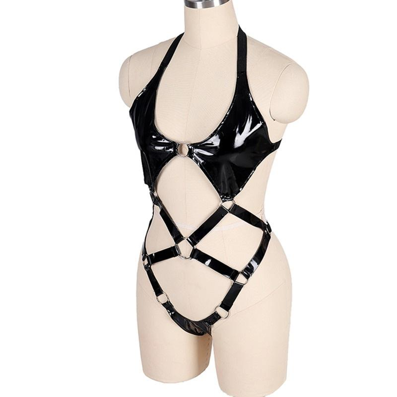Open Butt Women Bodysuit / Wet Look Patent Leather Body Harness / Fetish Role Play Costume - EVE's SECRETS