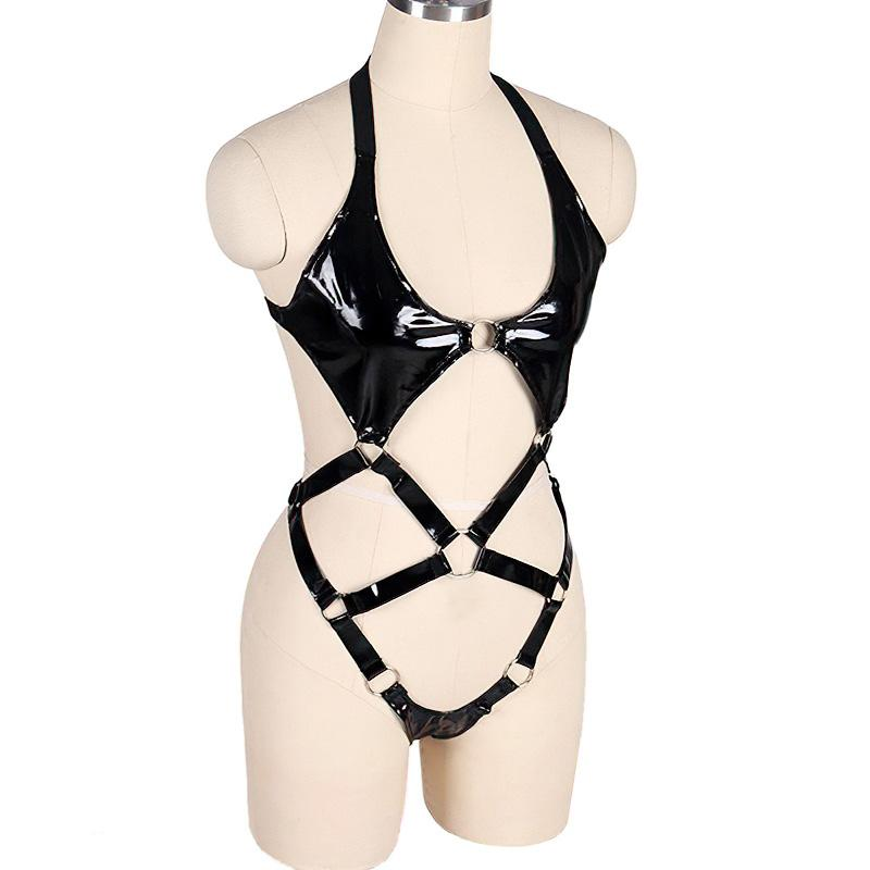 Open Butt Women Bodysuit / Wet Look Patent Leather Body Harness / Fetish Role Play Costume - EVE's SECRETS