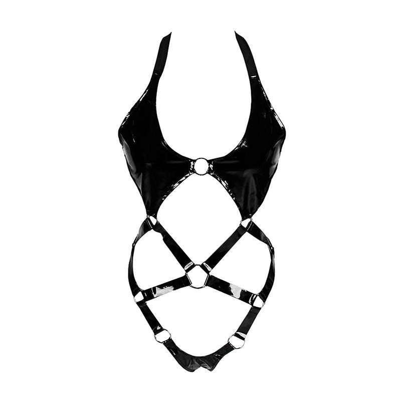 Open Butt Women Bodysuit / Wet Look Patent Leather Body Harness / Fetish Role Play Costume - EVE's SECRETS