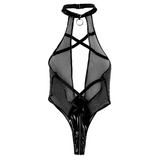 Patent Leather Ladies Bodysuit / Sexy Mesh High Cut Lingerie / Erotic Hollow Out Underwear - EVE's SECRETS
