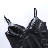 PU Leather Black Corset Bodysuit For Women / Spaghetti Strap Aesthetic Sexy Club Rompers - EVE's SECRETS