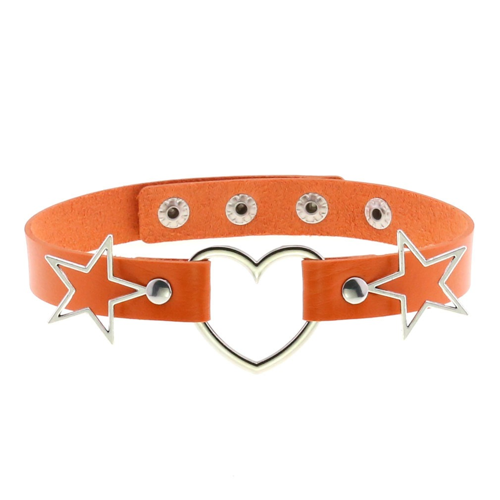 PU Leather Choker Necklace with Heart and Stars / Female Neck Accessories - EVE's SECRETS