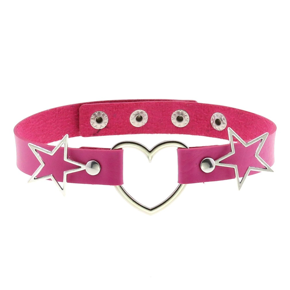 PU Leather Choker Necklace with Heart and Stars / Female Neck Accessories - EVE's SECRETS
