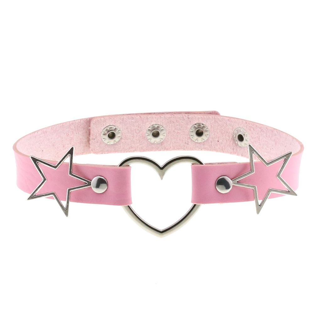 PU Leather Choker Necklace with Heart and Stars / Female Neck Accessories - EVE's SECRETS