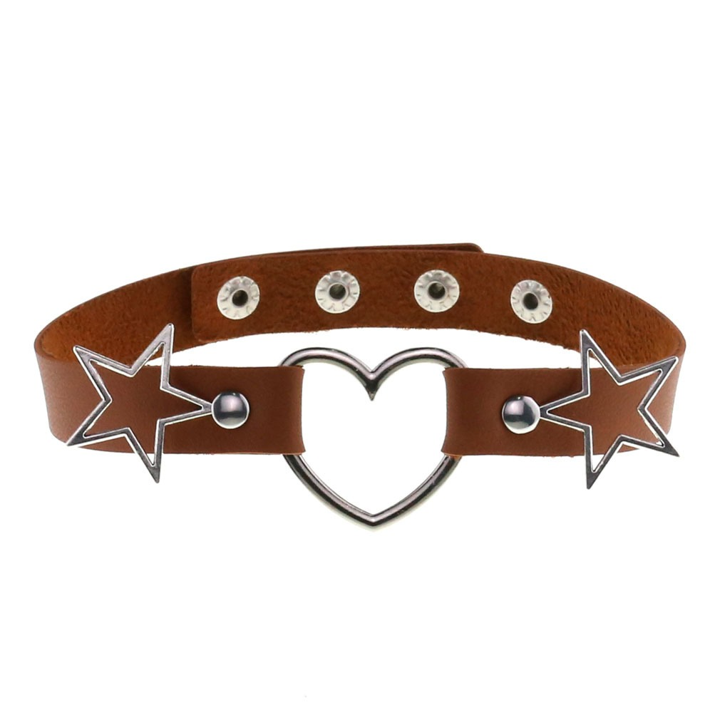 PU Leather Choker Necklace with Heart and Stars / Female Neck Accessories - EVE's SECRETS