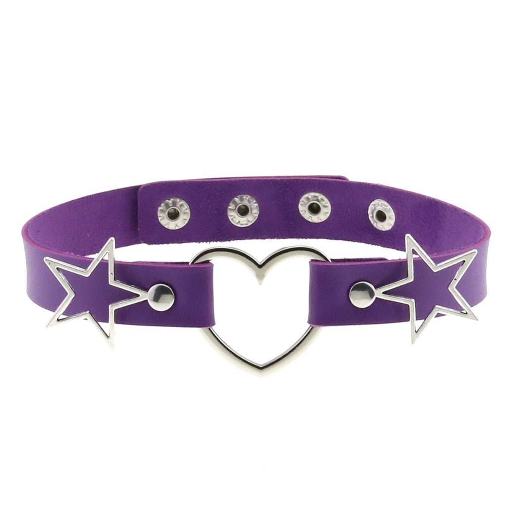 PU Leather Choker Necklace with Heart and Stars / Female Neck Accessories - EVE's SECRETS