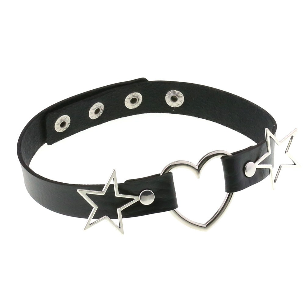 PU Leather Choker Necklace with Heart and Stars / Female Neck Accessories - EVE's SECRETS