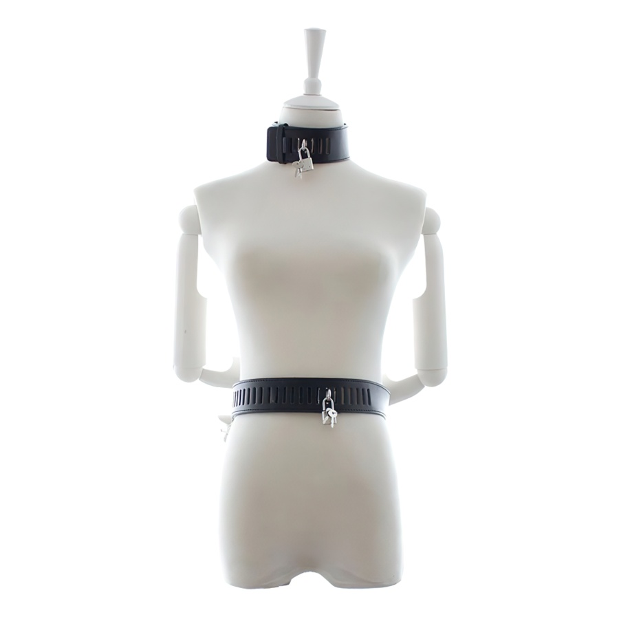 PU Leather Handcuffs With Belt And Сollar / Black Unisex BDSM Adjustable Asesoires - EVE's SECRETS