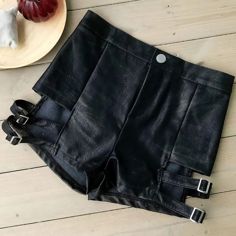 PU Leather High Waist Sexy Women's Shorts With Buckles / Erotic Female Black Clothing - EVE's SECRETS