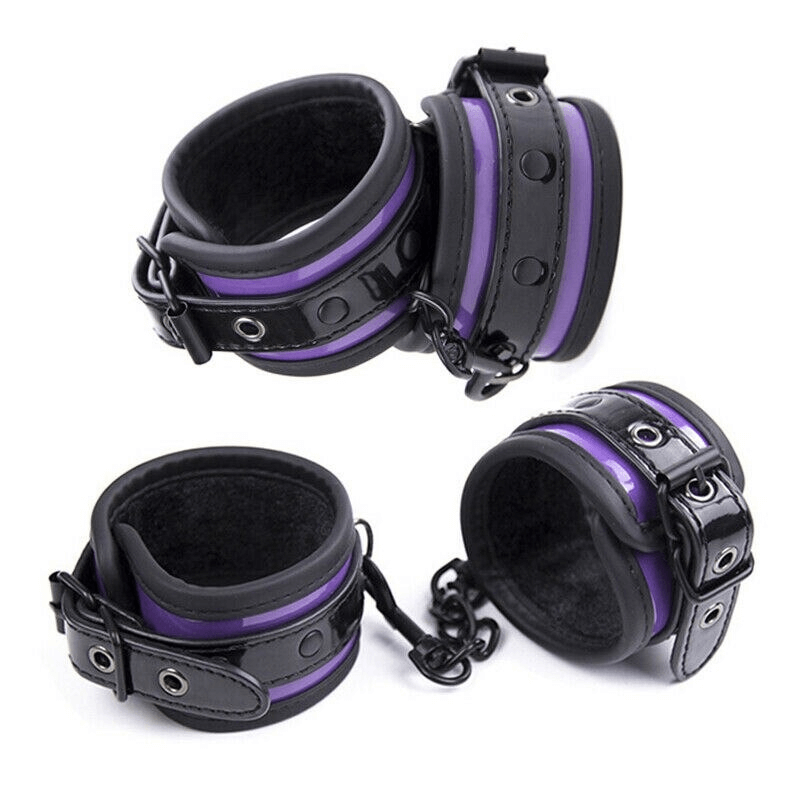 Purple PU Leather Restraints for Sex Games / Handcuffs with Ankle Cuffs and Mask / BDSM Sex Toys - EVE's SECRETS