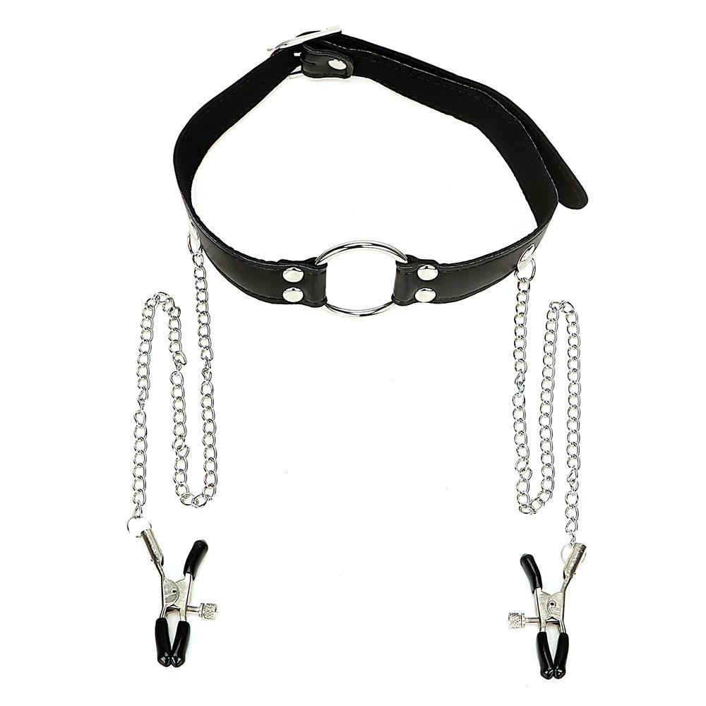 Role Play Mouth Gag Body Harness / PU Leather Breast Clips / Restraints Sex Toys For Women - EVE's SECRETS