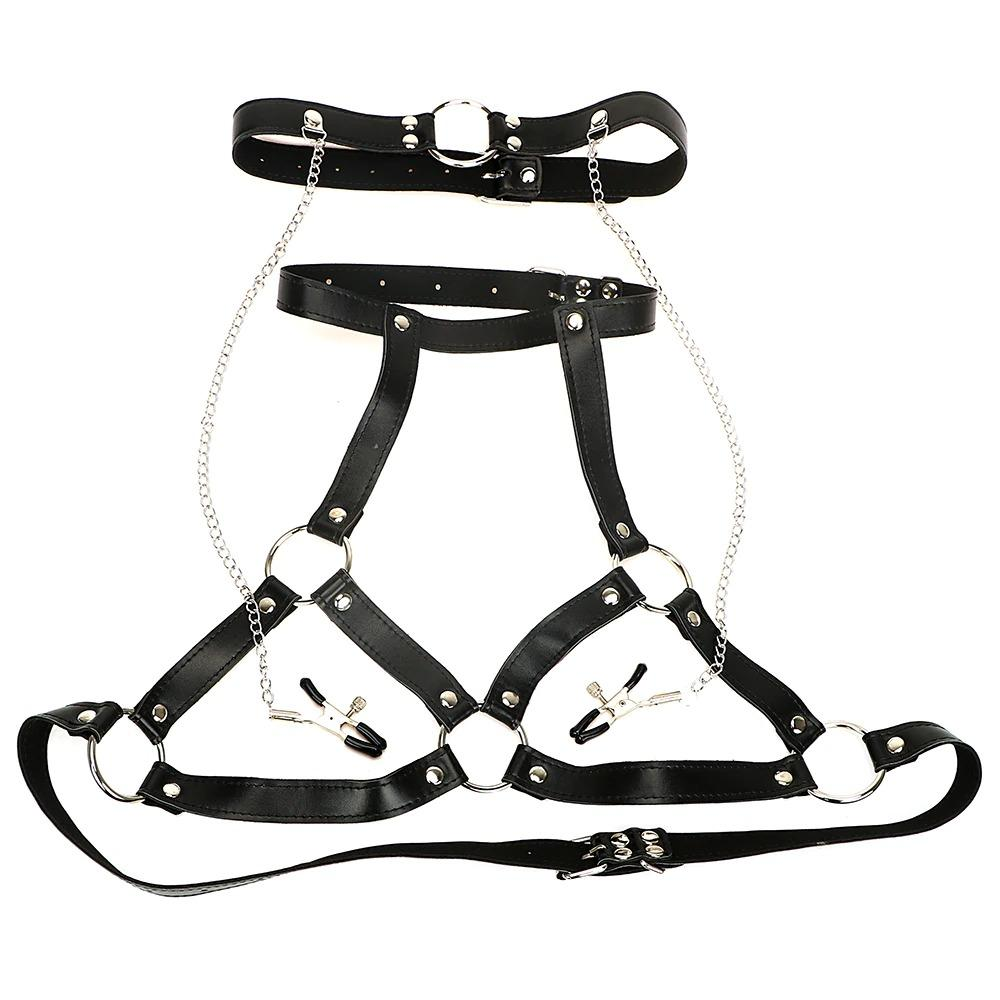 Role Play Mouth Gag Body Harness / PU Leather Breast Clips / Restraints Sex Toys For Women - EVE's SECRETS