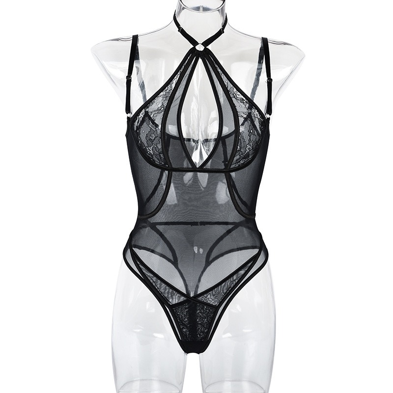 Seductive Black Mesh Bodysuit with Halter Neck and Shoulder Straps / Women's Sexy Outfits - EVE's SECRETS