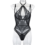 Seductive Black Mesh Bodysuit with Halter Neck and Shoulder Straps / Women's Sexy Outfits - EVE's SECRETS