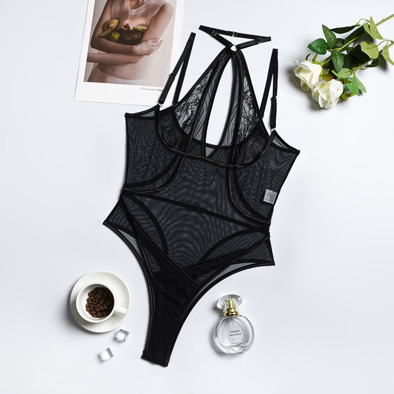 Seductive Black Mesh Bodysuit with Halter Neck and Shoulder Straps / Women's Sexy Outfits - EVE's SECRETS