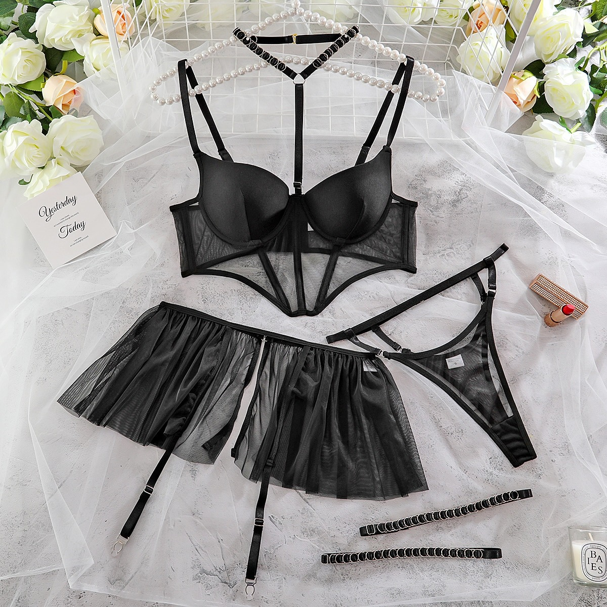 Sexy 4-Piece Intimate Set / Fancy Women's Lingerie / Ruffled Garters Exotic Sets - EVE's SECRETS