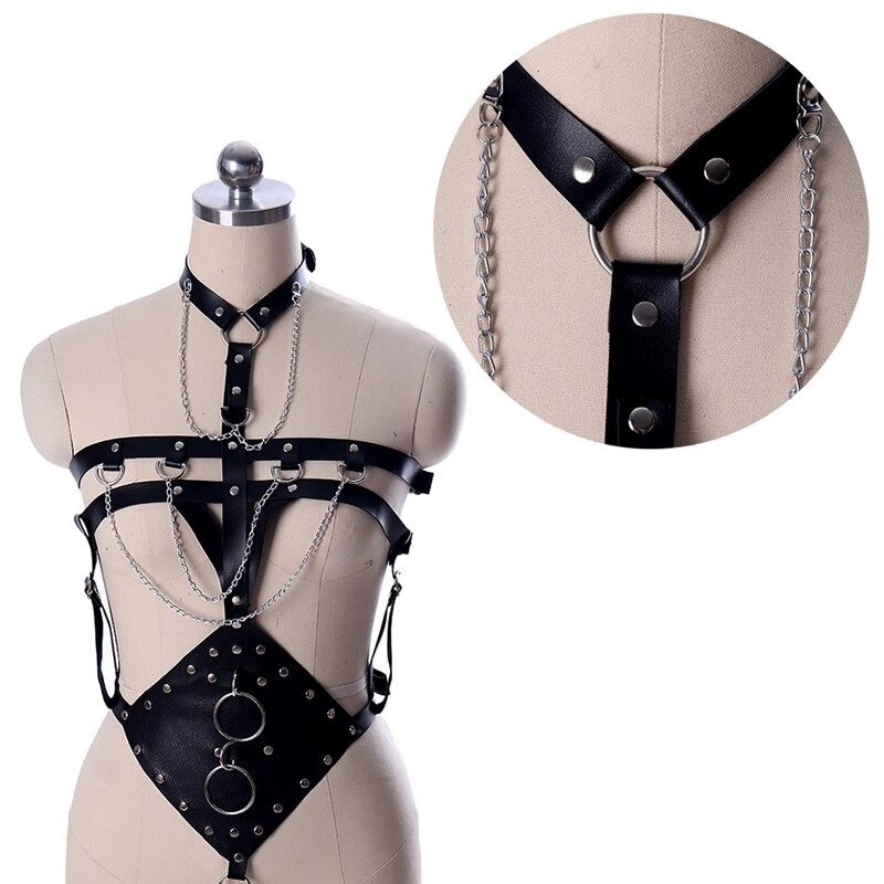Sexy BDSM Body Harness with Metal Chains and Rings / Women's PU Leather Adjustable Bondage - EVE's SECRETS