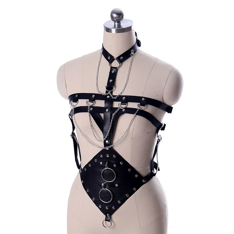 Sexy BDSM Body Harness with Metal Chains and Rings / Women's PU Leather Adjustable Bondage - EVE's SECRETS