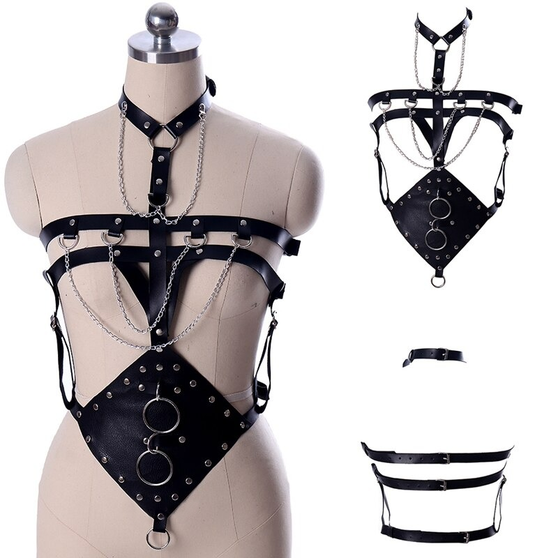 Sexy BDSM Body Harness with Metal Chains and Rings / Women's PU Leather Adjustable Bondage - EVE's SECRETS