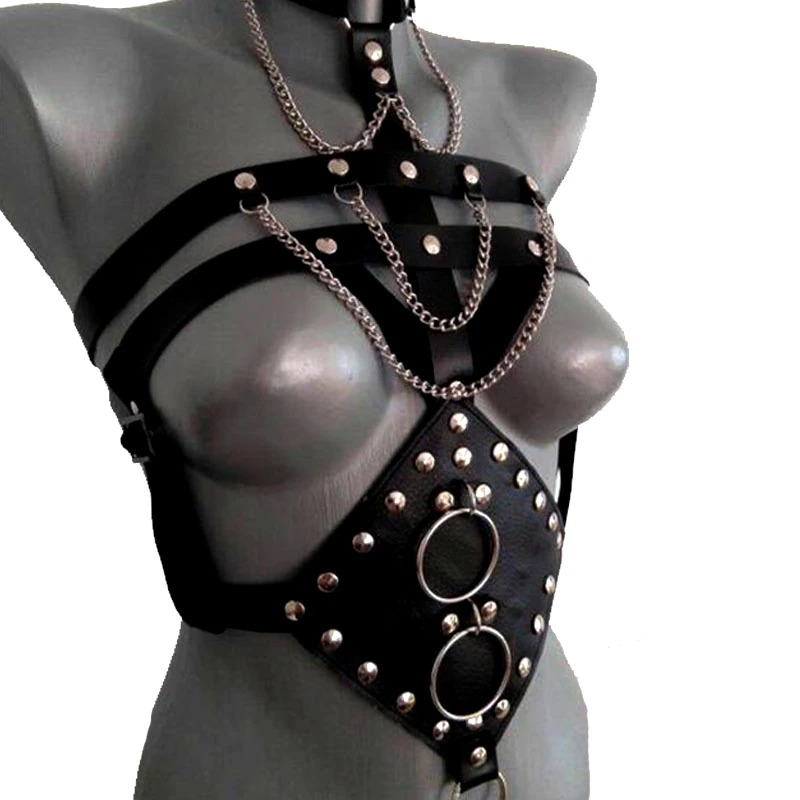 Sexy BDSM Body Harness with Metal Chains and Rings / Women's PU Leather Adjustable Bondage - EVE's SECRETS