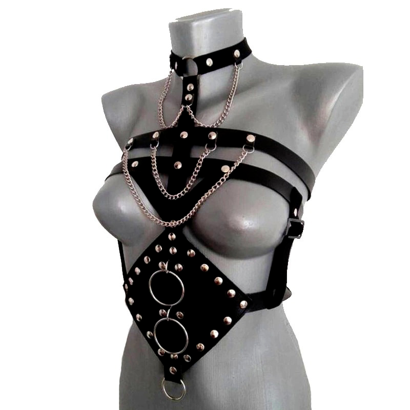 Sexy BDSM Body Harness with Metal Chains and Rings / Women's PU Leather Adjustable Bondage - EVE's SECRETS