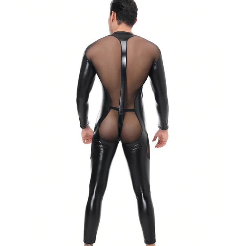 Sexy Black Faux Leather Bodysuit for Men / Male Front and Back Mesh Transperant Jumpsuit - EVE's SECRETS