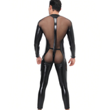 Sexy Black Faux Leather Bodysuit for Men / Male Front and Back Mesh Transperant Jumpsuit - EVE's SECRETS