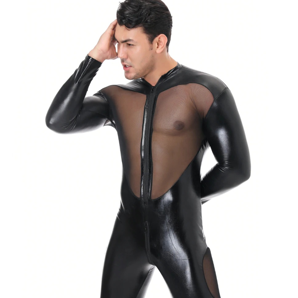 Sexy Black Faux Leather Bodysuit for Men / Male Front and Back Mesh Transperant Jumpsuit - EVE's SECRETS