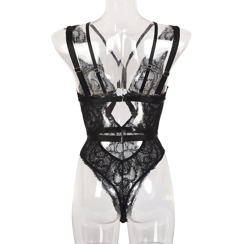 Sexy Black Hollow Out Lace Bodysuit for Women / Ladies Transparent Backless Skinny Bodysuits - EVE's SECRETS