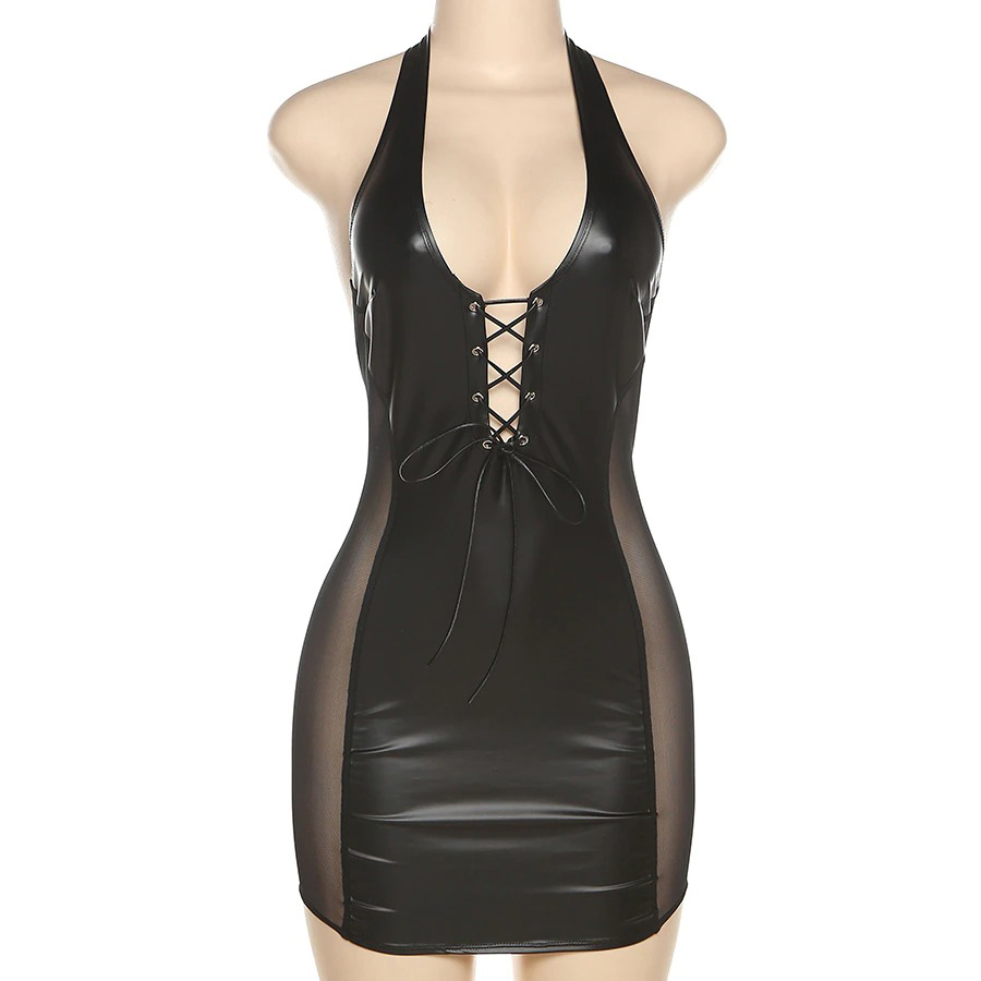 Sexy Black Mini Dress for Ladies / PU Leather Dress with Lace-Up Hollow Open Back - EVE's SECRETS