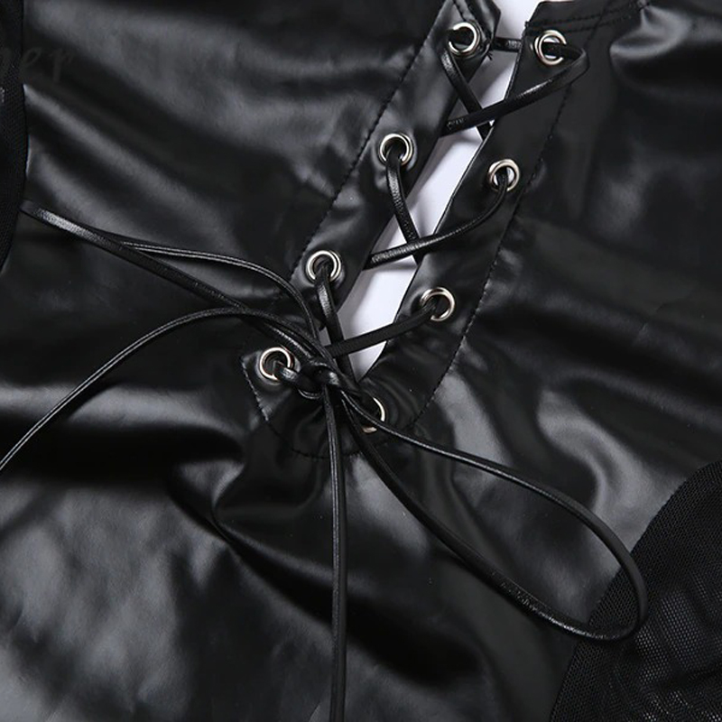 Sexy Black Mini Dress for Ladies / PU Leather Dress with Lace-Up Hollow Open Back - EVE's SECRETS