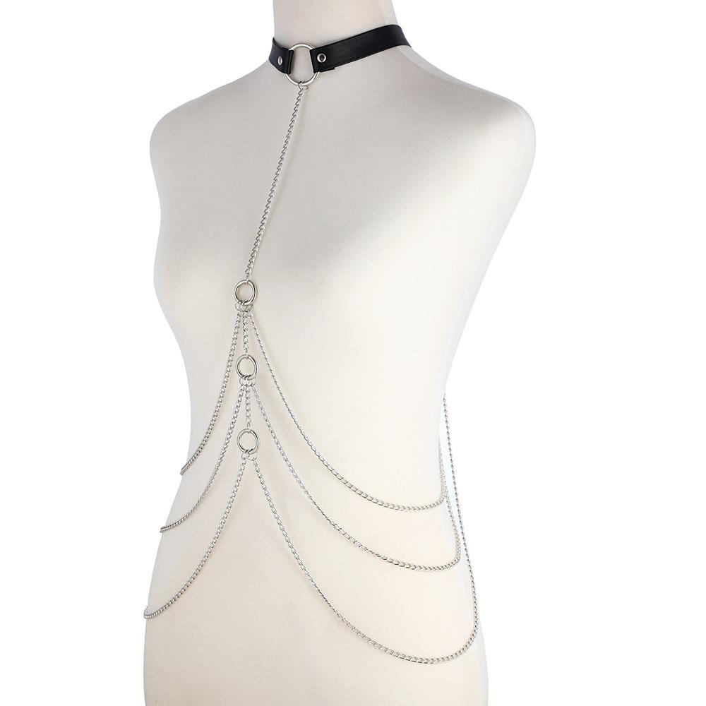 Sexy Body Harness With Metal Chain / Aluminum Jewellery With Faux Leather Collar - EVE's SECRETS