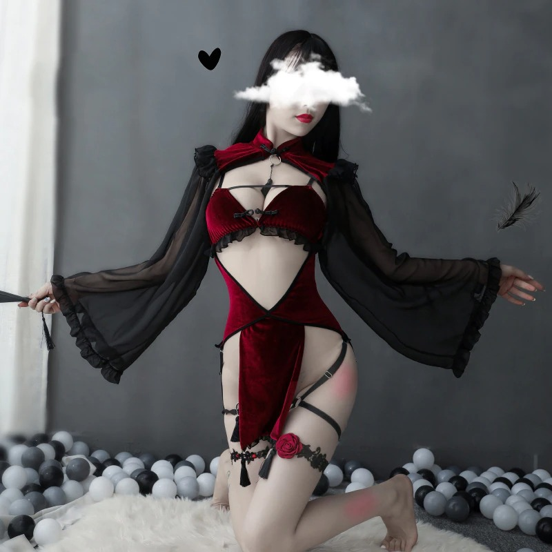 Sexy Dark Red Women's Costume Witch / Erotic Lingerie Set with Hollow Sleeves - EVE's SECRETS