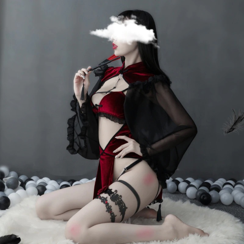 Sexy Dark Red Women's Costume Witch / Erotic Lingerie Set with Hollow Sleeves - EVE's SECRETS