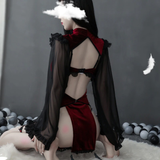 Sexy Dark Red Women's Costume Witch / Erotic Lingerie Set with Hollow Sleeves - EVE's SECRETS