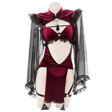 Sexy dunkelrotes Damenkostüm Hexe / Erotik-Dessous-Set mit Hohlärmeln