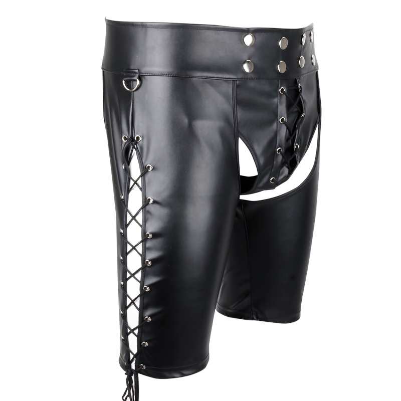Sexy Gay PU Leather Lace Up Underwear / Open Butt Wetlook Bondage Shorts - EVE's SECRETS