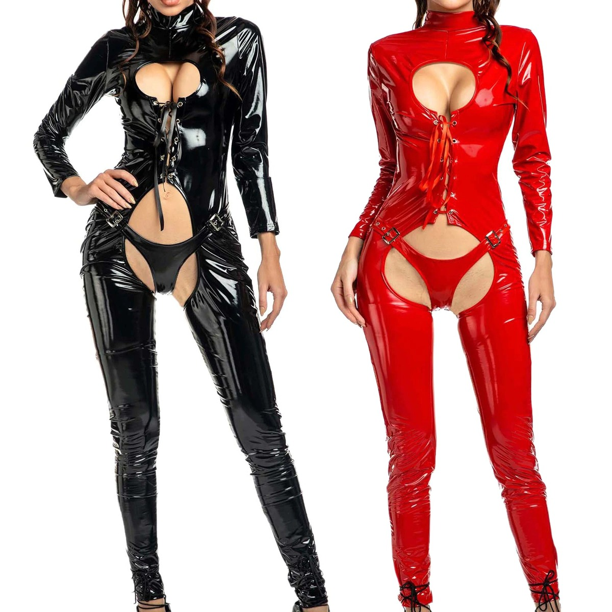 Sexy Lace-up Wet Look Bodysuit / Patent Leather Sexy Catsuit with High Neck and Open Butt - EVE's SECRETS