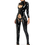 Sexy Lace-up Wet Look Bodysuit / Patent Leather Sexy Catsuit with High Neck and Open Butt - EVE's SECRETS