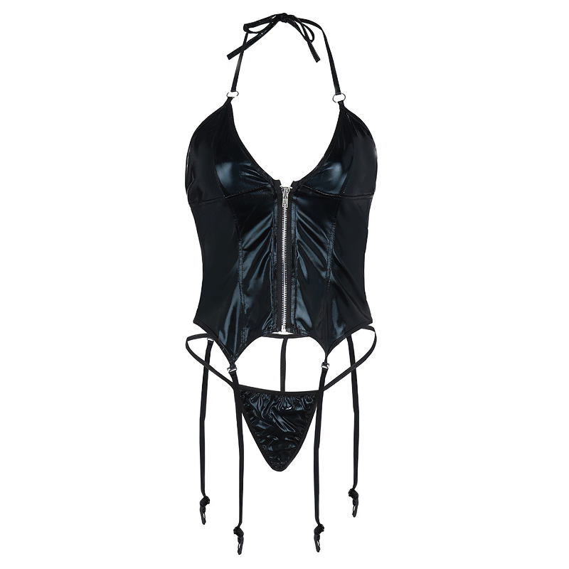 Sexy Leather Lingerie Zipper Women Underwear / Zipper Bodysuit With Garter Thong Set - EVE's SECRETS