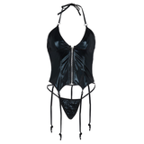 Sexy Leather Lingerie Zipper Women Underwear / Zipper Bodysuit With Garter Thong Set - EVE's SECRETS