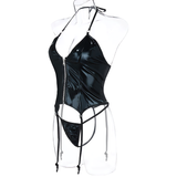 Sexy Leather Lingerie Zipper Women Underwear / Zipper Bodysuit With Garter Thong Set - EVE's SECRETS