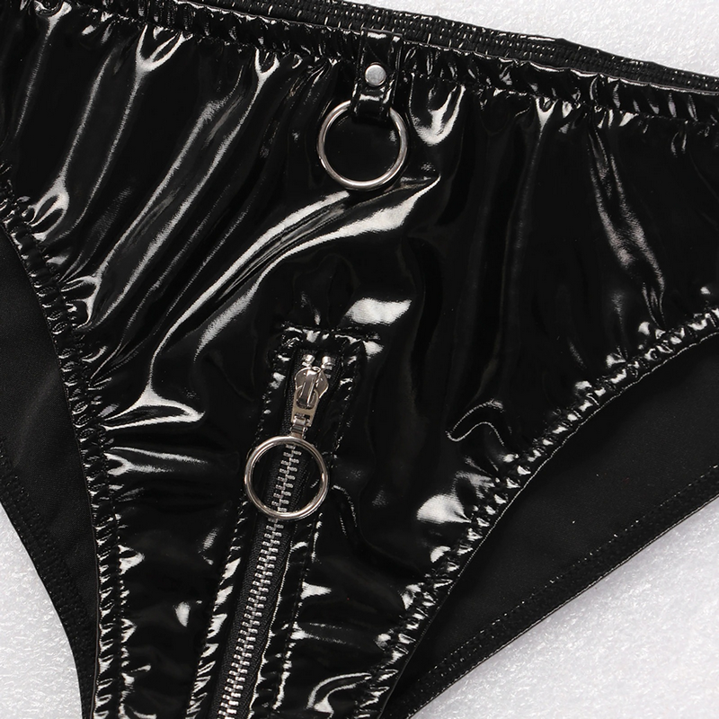 Sexy Low Waist Wet Look Briefs with Zipper Crotch / Shiny Panties with Rings / Women's Underwear - EVE's SECRETS