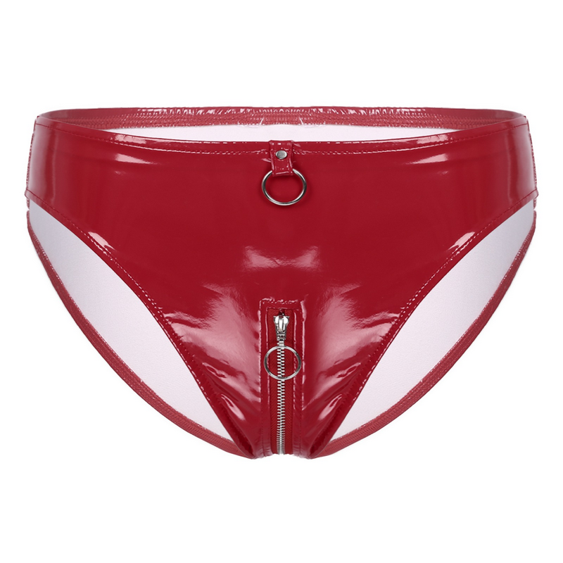 Sexy Low Waist Wet Look Briefs with Zipper Crotch / Shiny Panties with Rings / Women's Underwear - EVE's SECRETS