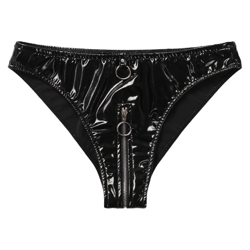 Sexy Low Waist Wet Look Briefs with Zipper Crotch / Shiny Panties with Rings / Women's Underwear - EVE's SECRETS
